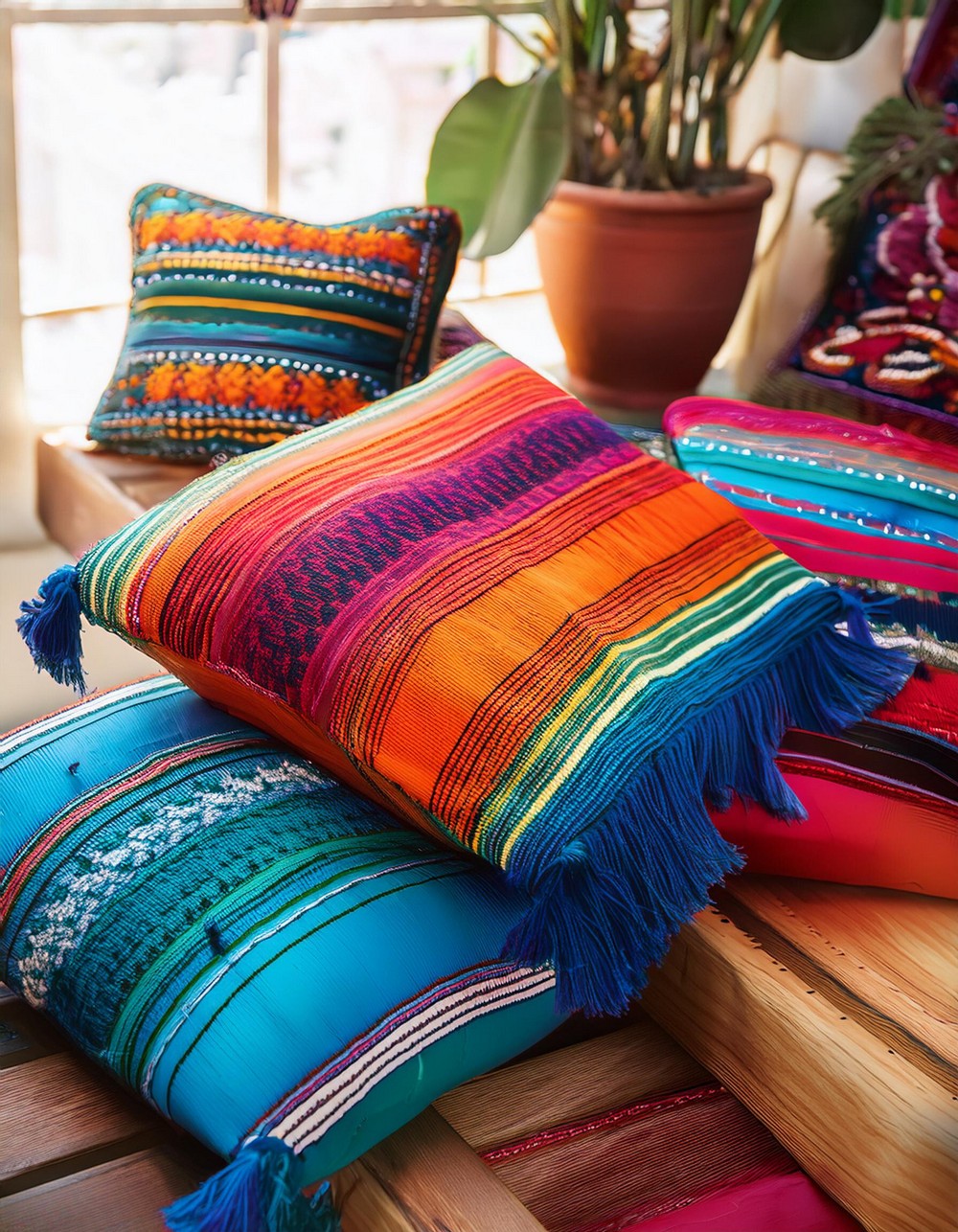 Brightly Colored Textiles and Embroidered Pillows