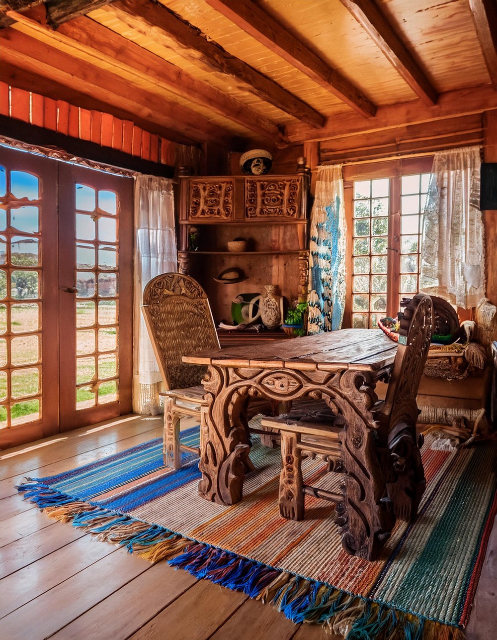 Rustic Wooden Furniture with Intricate Carvings