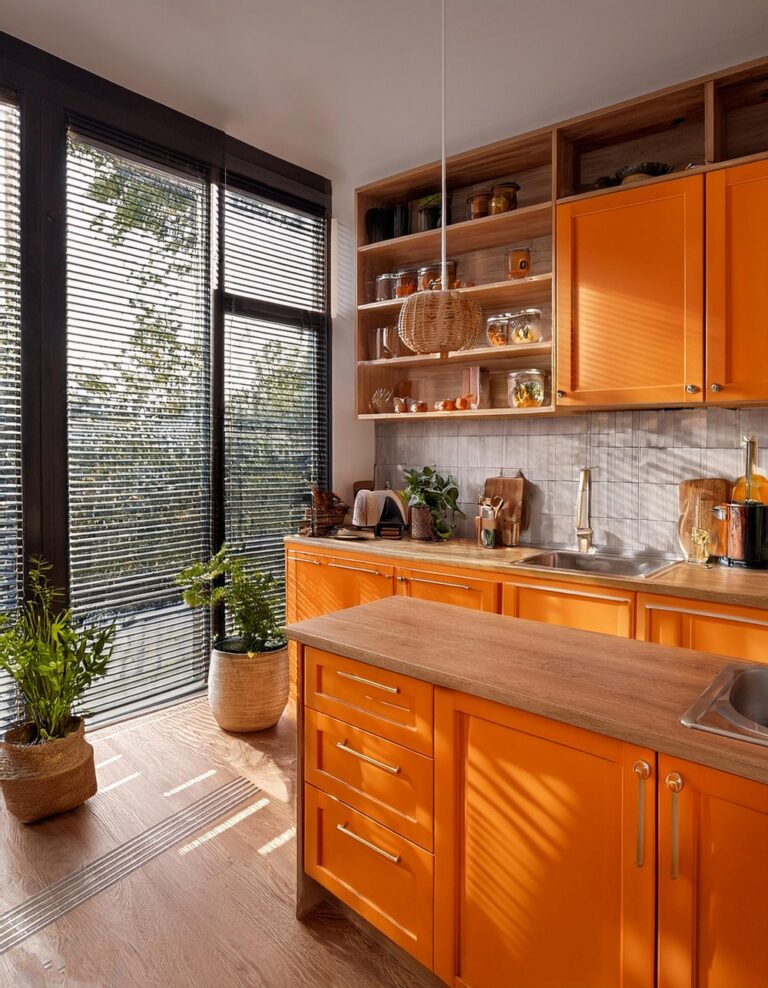 Bold Orange Cabinets With Warm Wood Touches