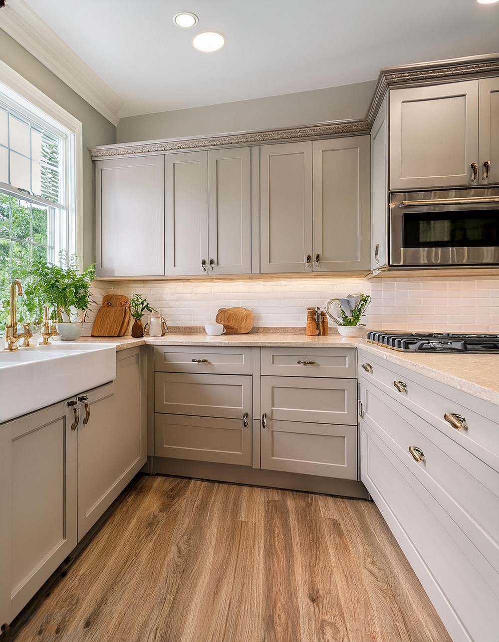 Neutral Shaker Kitchen Cabinets with Chic Cabinet Hardware