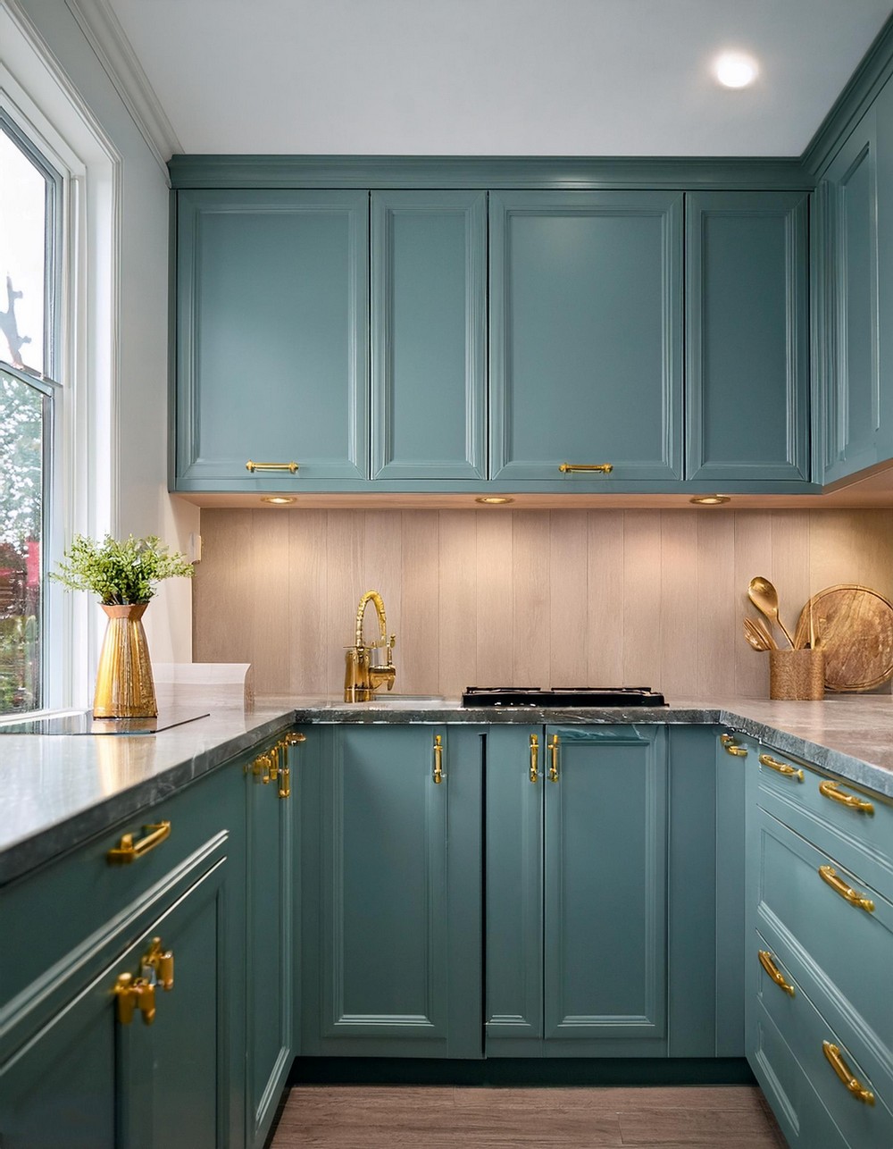 Taupe Shaker Cabinets with Golden Hardware