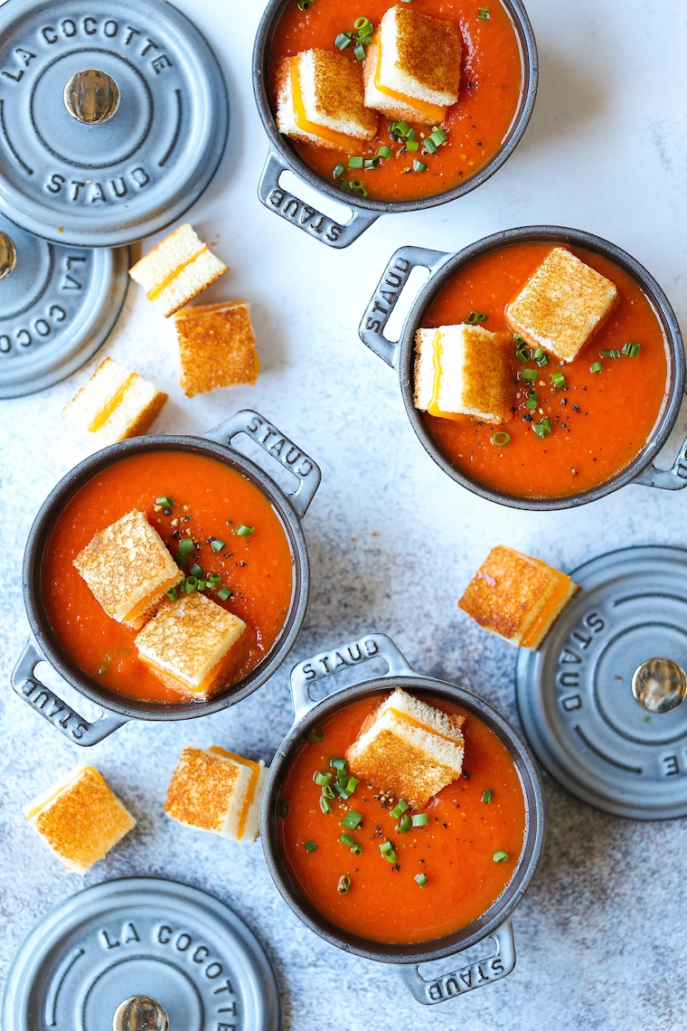 Creamy Tomato Soup with Grilled Cheese “Croutons”