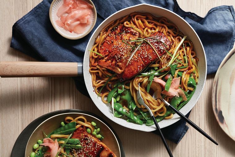 Teriyaki salmon with udon noodles