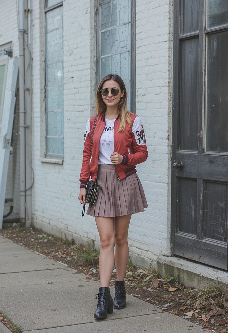 Bomber Jacket & Pleated Skirt