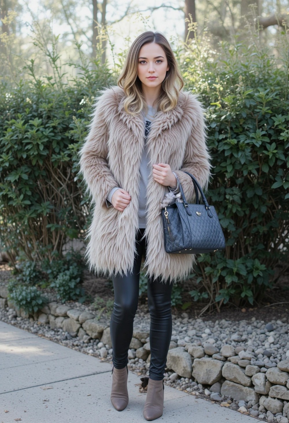 Faux Fur Coat & Quilted Handbag