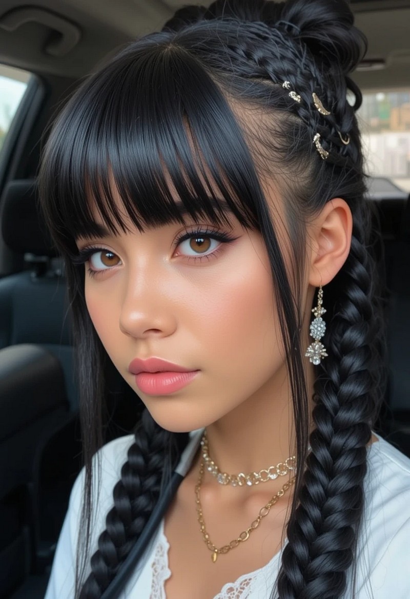 Two cornrows with bangs